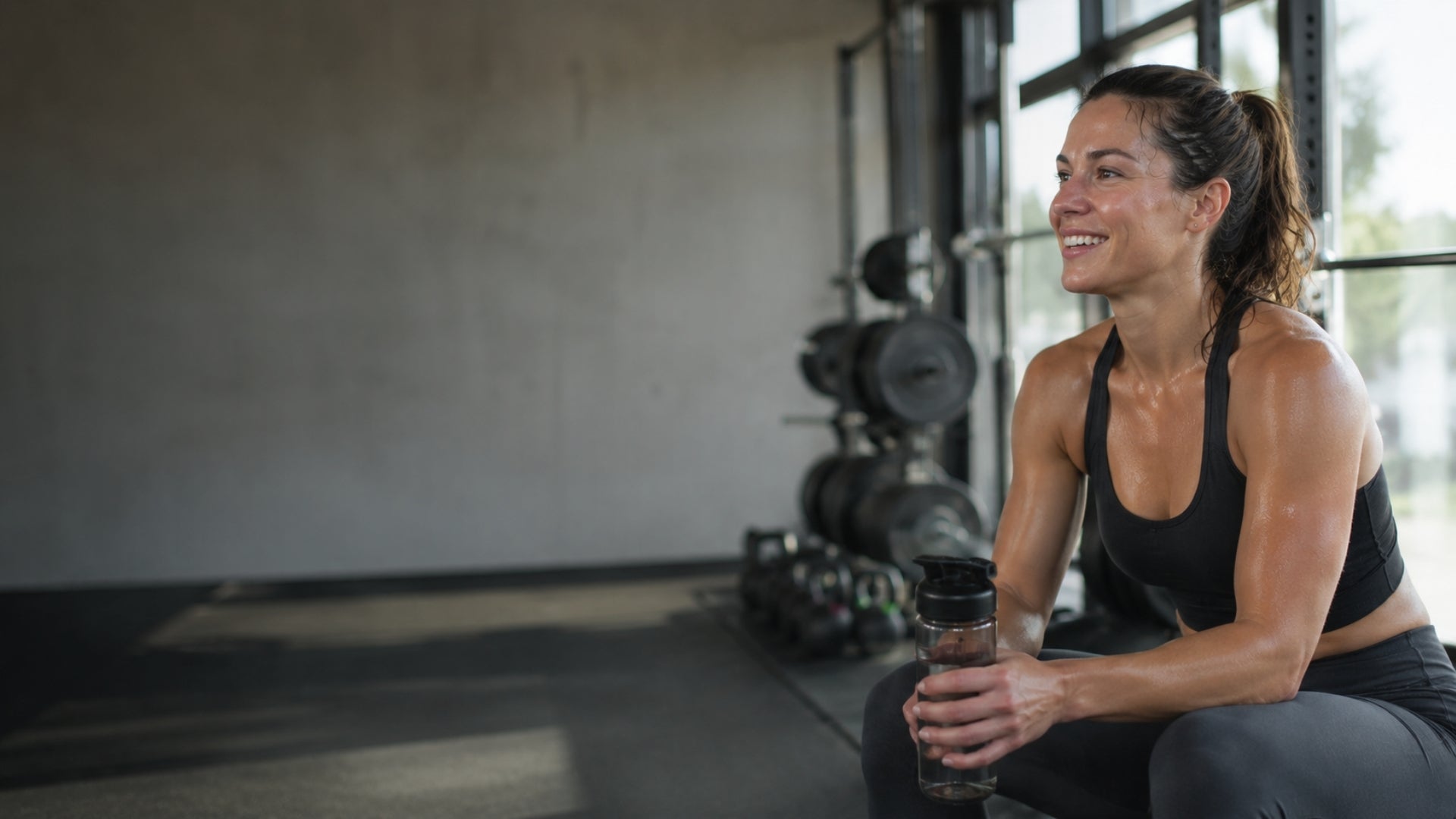 Woman in a gym holding a water bottle, smiling.