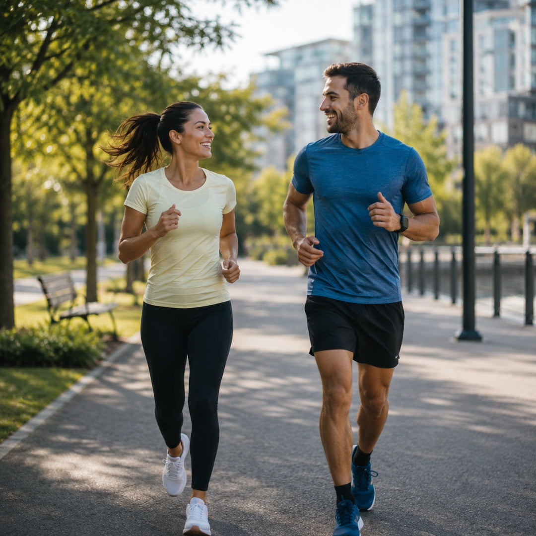 Two people jogging in a park with buildings in the background