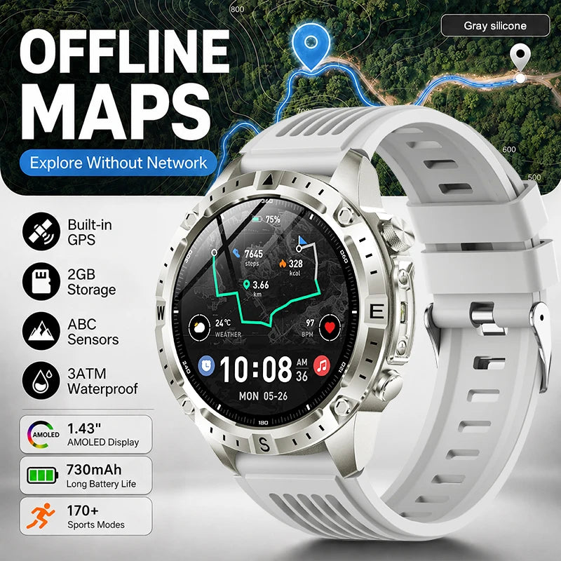 GPS Offline Map AMOLED Waterproof Sports Smartwatch Fitness Tracker