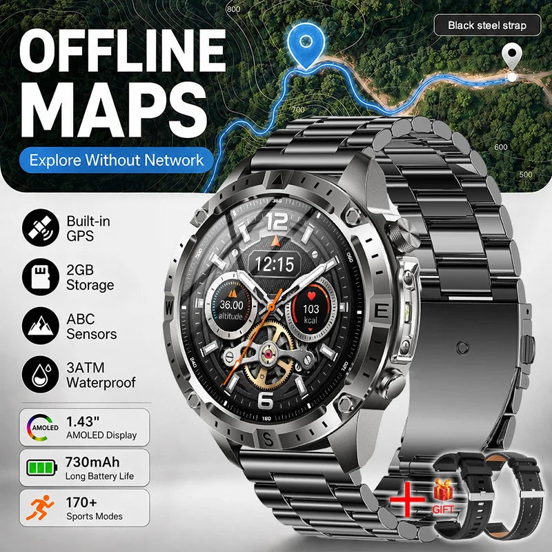 GPS Offline Map AMOLED Waterproof Sports Smartwatch Fitness Tracker