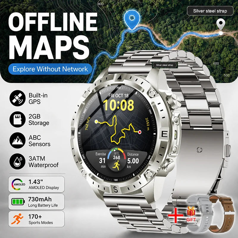 GPS Offline Map AMOLED Waterproof Sports Smartwatch Fitness Tracker