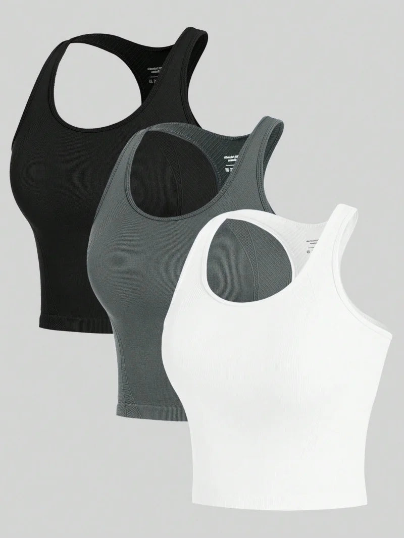 3PCS Women's Seamless Racerback Yoga Crop Tank Tops