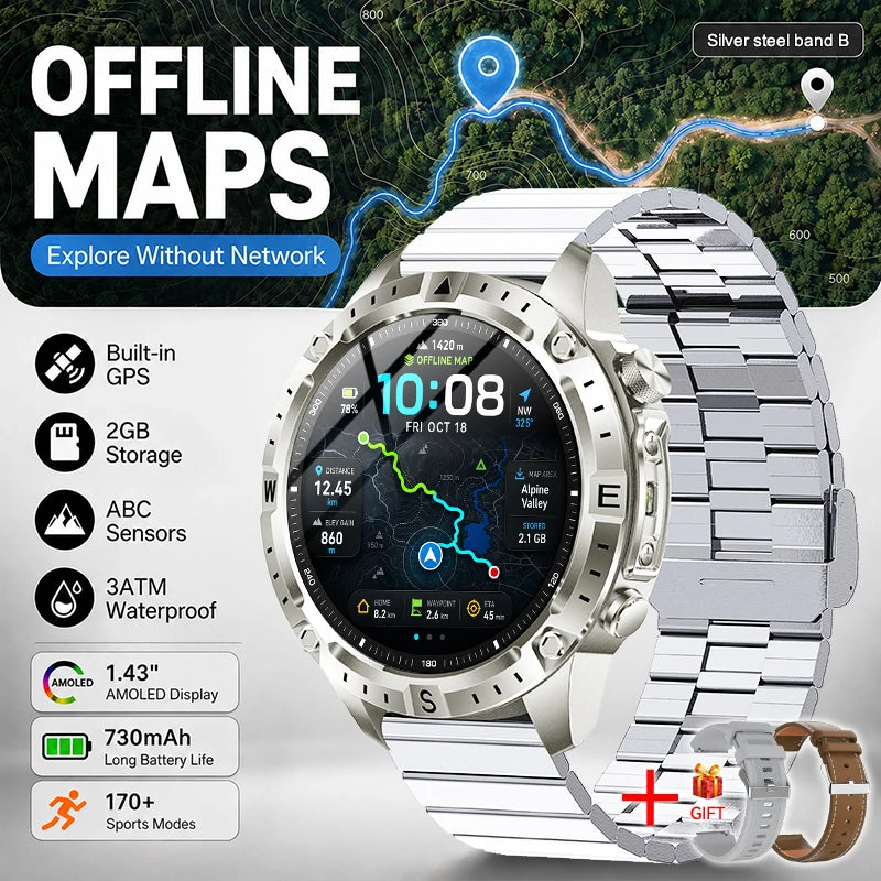 GPS Offline Map AMOLED Waterproof Sports Smartwatch Fitness Tracker