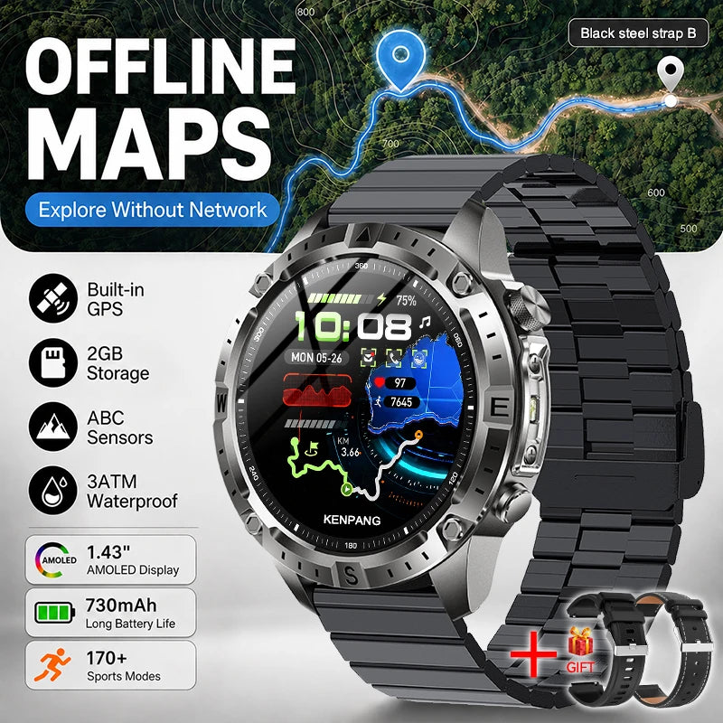 GPS Offline Map AMOLED Waterproof Sports Smartwatch Fitness Tracker