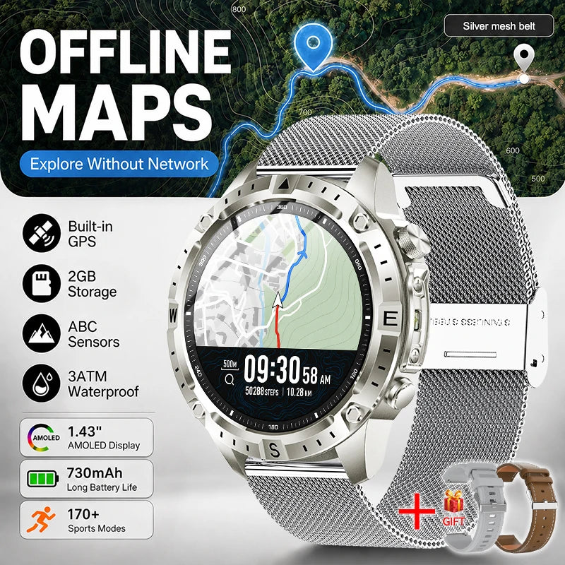 GPS Offline Map AMOLED Waterproof Sports Smartwatch Fitness Tracker