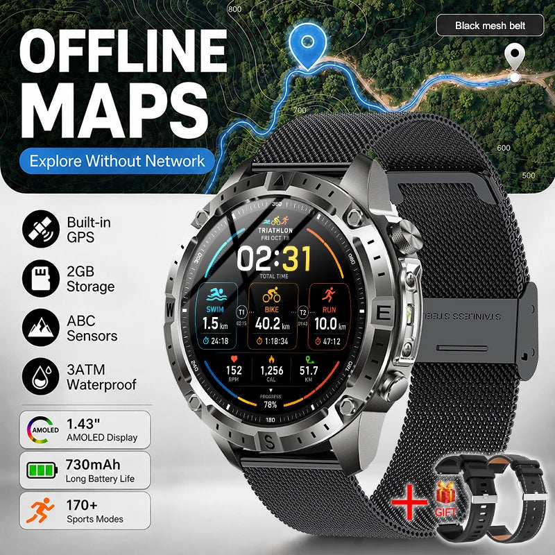 GPS Offline Map AMOLED Waterproof Sports Smartwatch Fitness Tracker