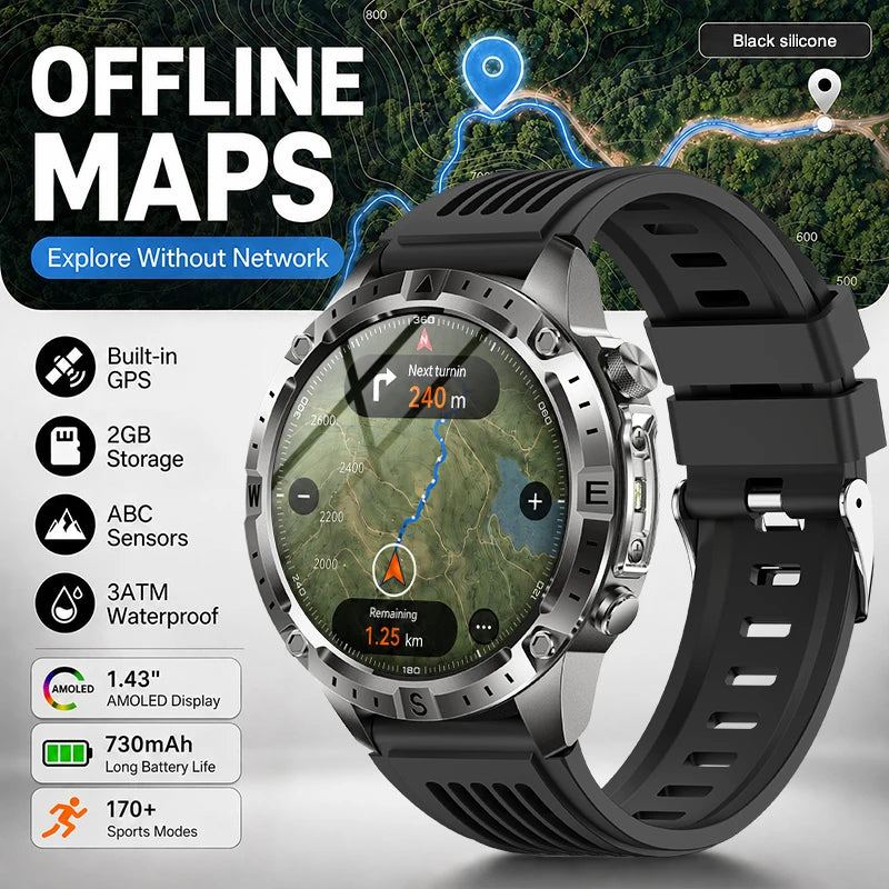 GPS Offline Map AMOLED Waterproof Sports Smartwatch Fitness Tracker