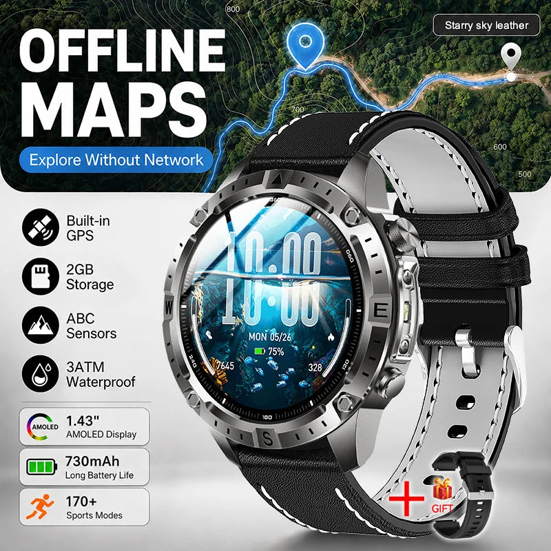 GPS Offline Map AMOLED Waterproof Sports Smartwatch Fitness Tracker