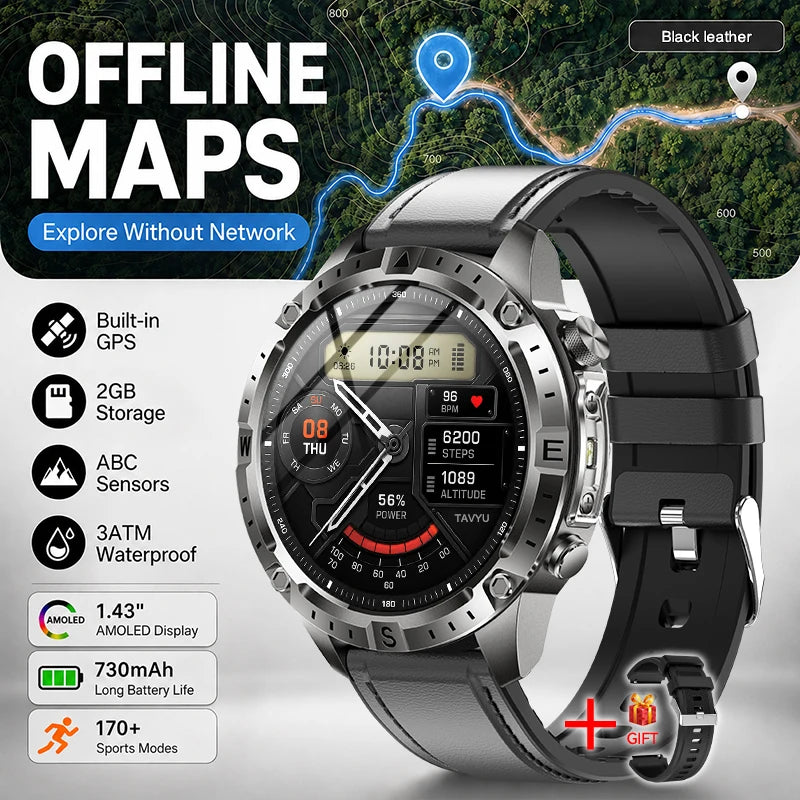 GPS Offline Map AMOLED Waterproof Sports Smartwatch Fitness Tracker